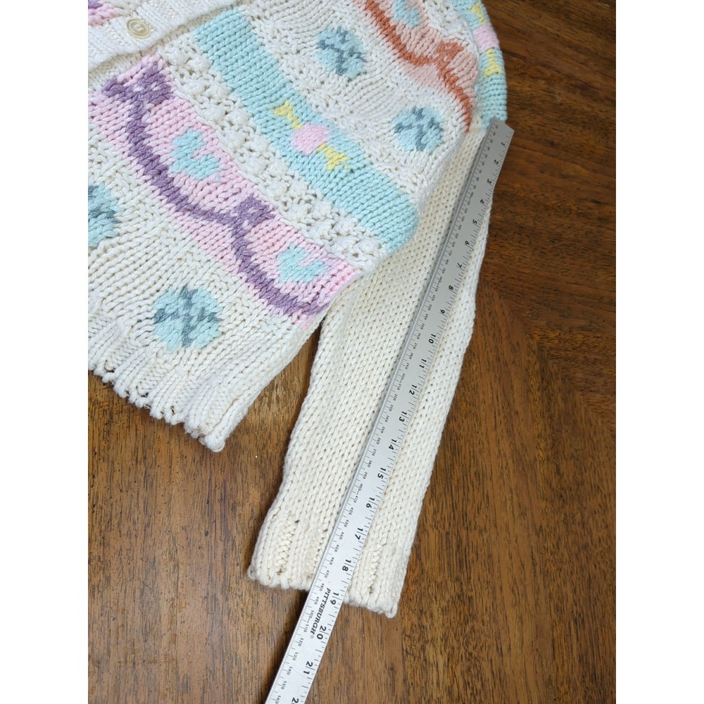 One Step Up Cardigan Sweater Sz MED Hand Knit Pastels Hearts Chunky Cable Knit - Picture 8 of 13